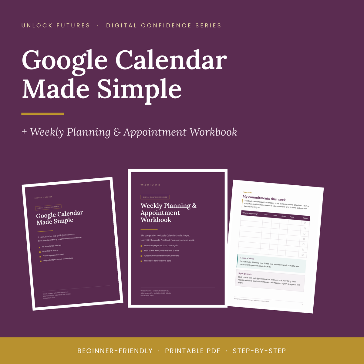 Cover mockup of the Google Calendar Made Simple bundle, showing the 25-page mini-course guide beside the Weekly Planning and Appointment Workbook.