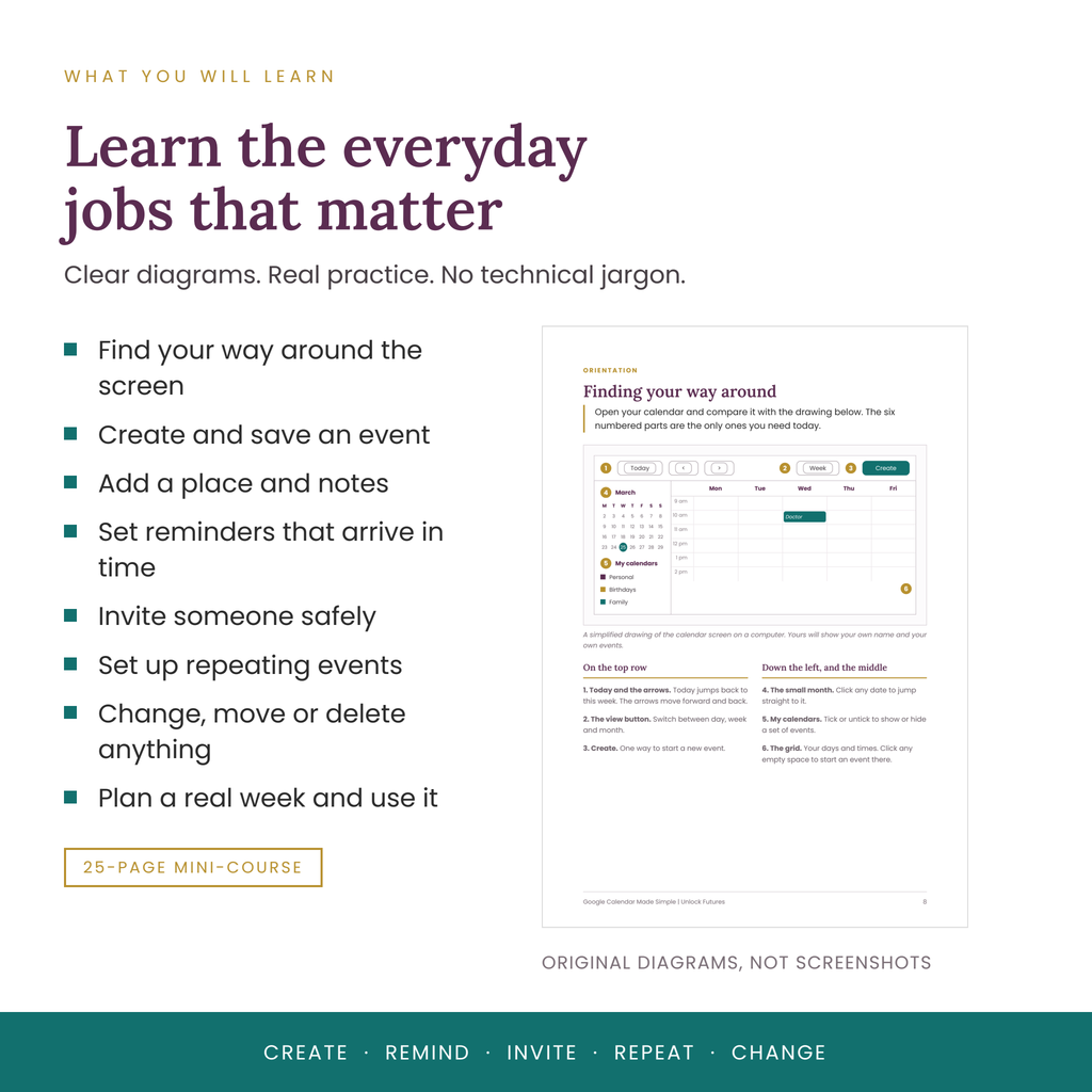 Sample pages from the mini-course, showing the simplified calendar screen diagram, the reminder settings and the page on inviting a guest to an event.