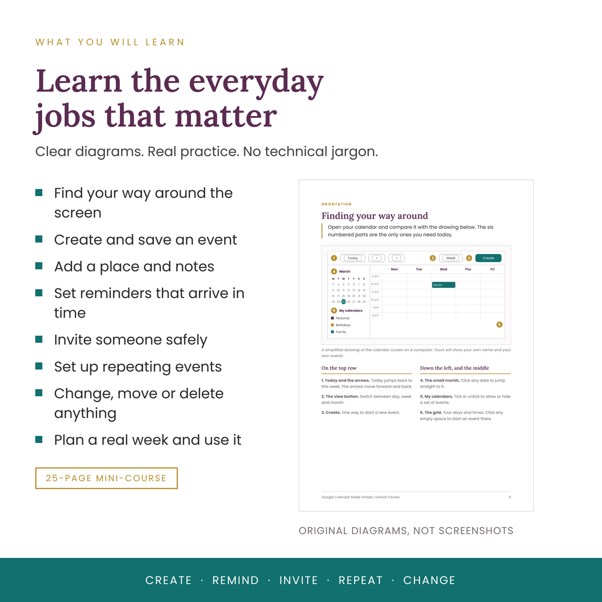 Sample pages from the mini-course, showing the simplified calendar screen diagram, the reminder settings and the page on inviting a guest to an event.