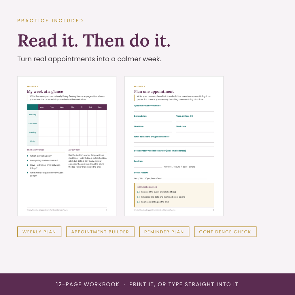 Sample pages from the Weekly Planning and Appointment Workbook, showing write-on templates for planning a week and preparing for an appointment.
