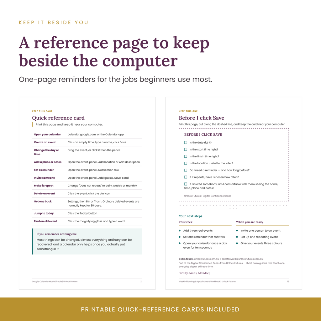 The printable quick reference card, listing everyday Google Calendar tasks with the steps for each one, designed to keep beside the computer.
