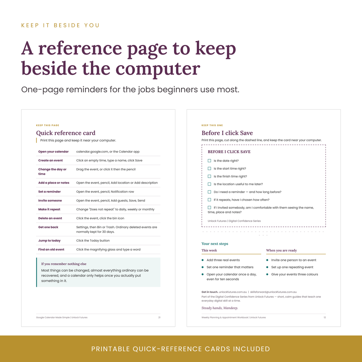 The printable quick reference card, listing everyday Google Calendar tasks with the steps for each one, designed to keep beside the computer.