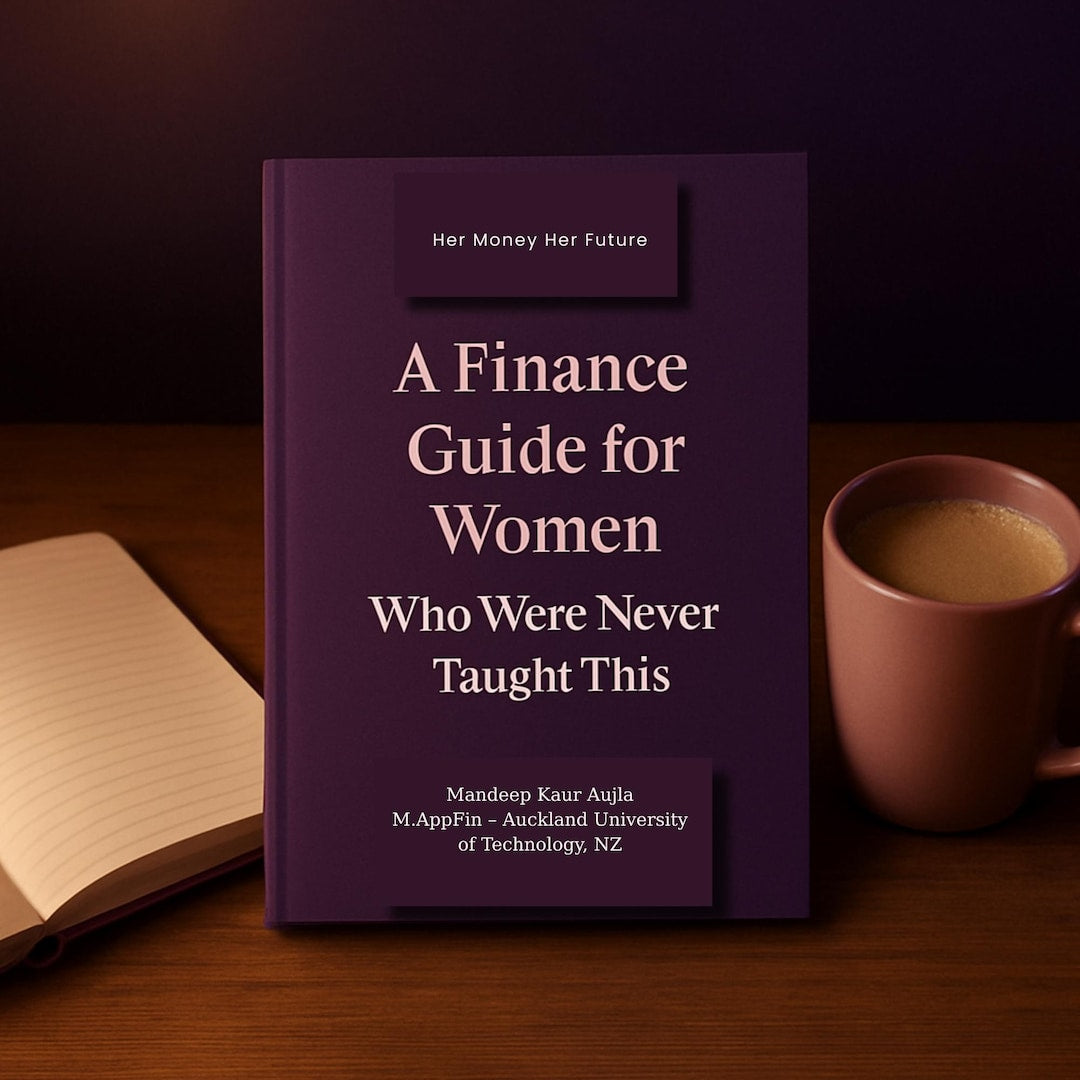 Her Money Her Future — a finance guide for women who were never taught this, deep plum hardback cover on a desk with coffee and notebook