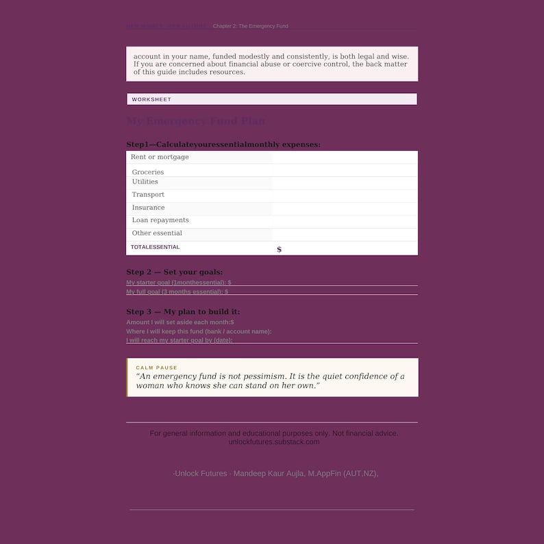 My Emergency Fund Plan worksheet preview from inside the guide